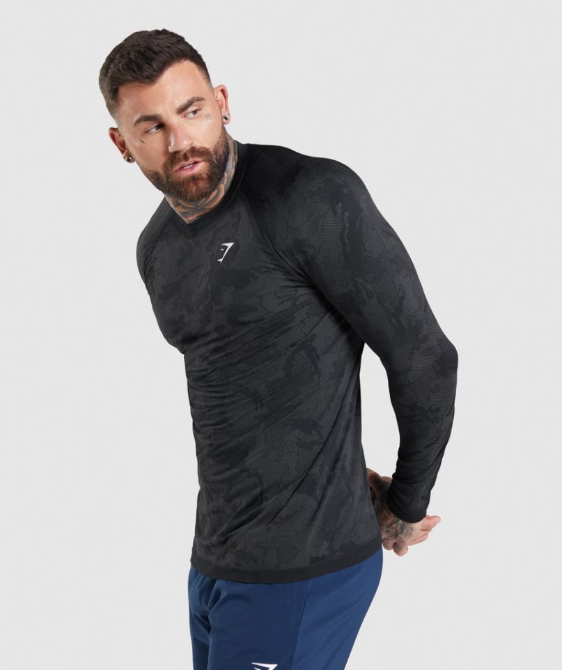 Men's Gymshark Geo Seamless Long Sleeve T-Shirts Black | CA 71AND8